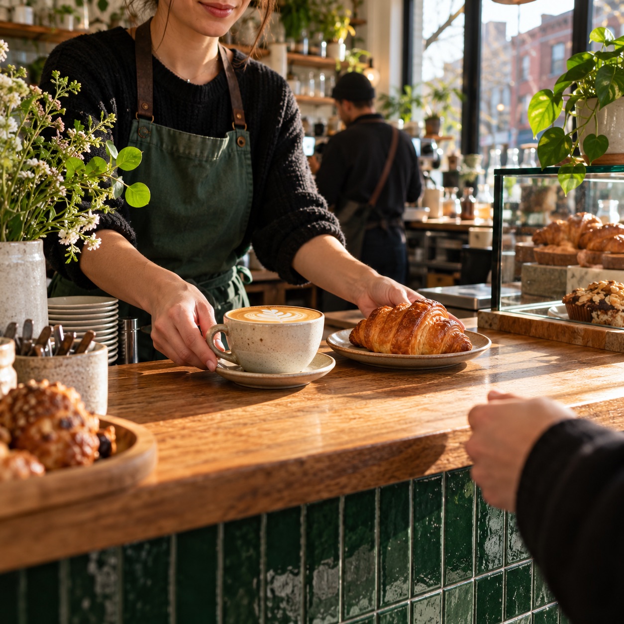 A latte and pastry prepared at a local café counter