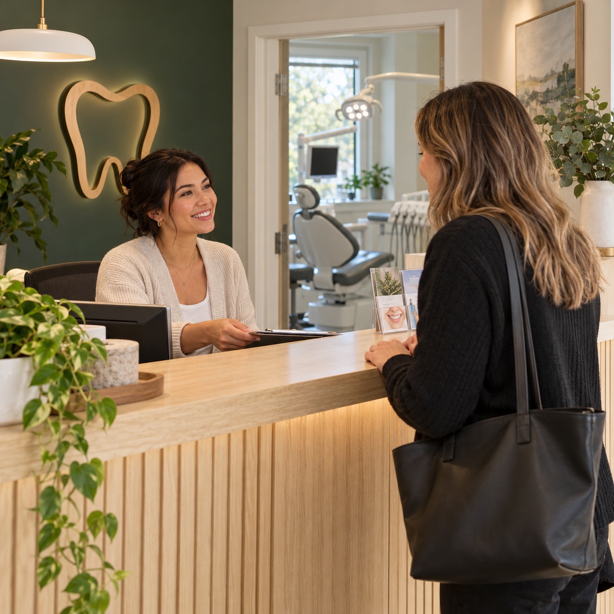 A smiling dental receptionist greeting an adult client, with an exam chair visible behind them