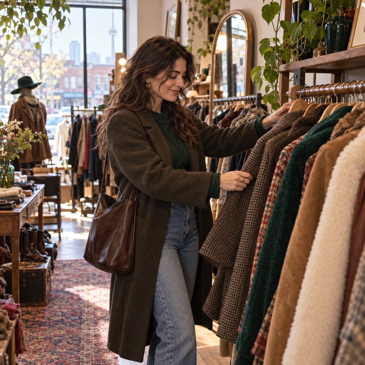 A stylish adult shopper browsing a rack of vintage clothing in a neighbourhood shop